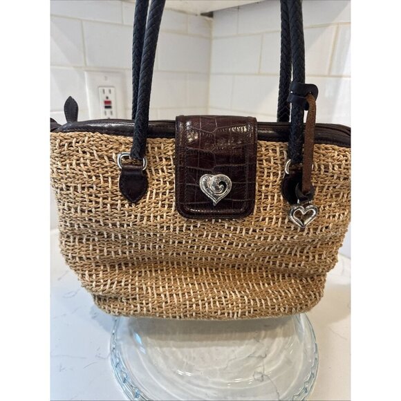 BRIGHTON Handbag Braided Leather Woven Straw Rafia Satchel Purse Heart Y2K - Picture 2 of 16